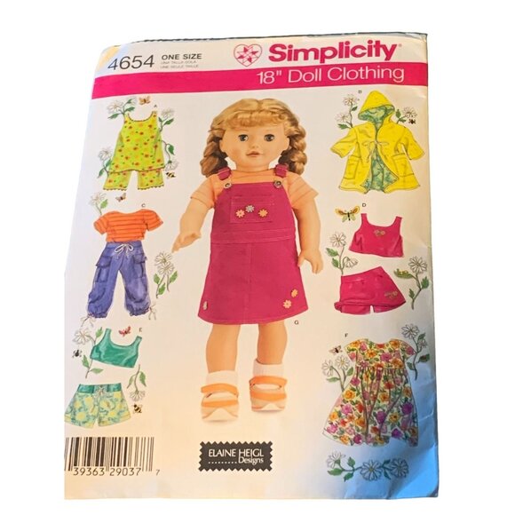 Simplicity 4654 18" Doll Clothing Patterns - 36 Pieces Elaine Heigl Designs 2008 - Picture 1 of 2